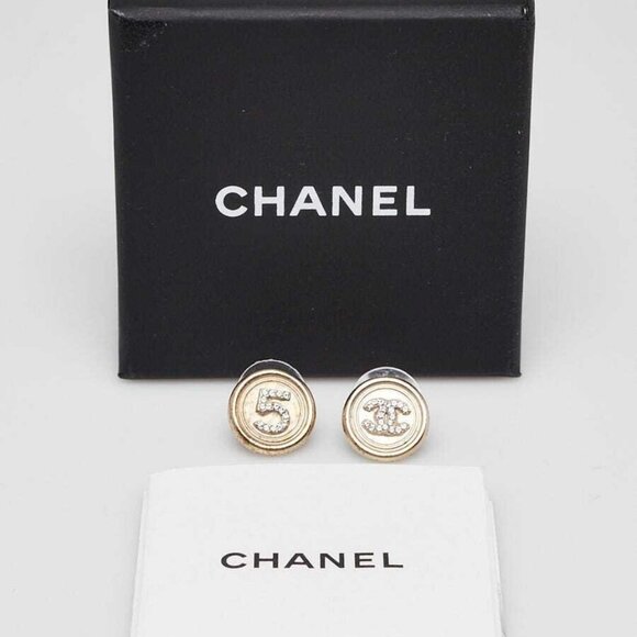 Chanel Goldtone Metal and Crystal CC No. 5 Round Earrings - Picture 1 of 4